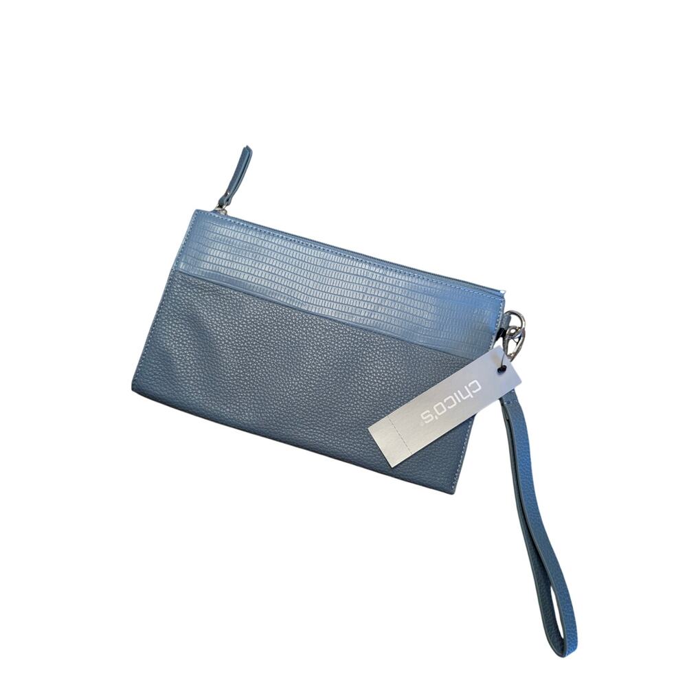 Chico's Women Accessories, Blue Pull Tie Zipper Clutch, Detachable Wrist Strap